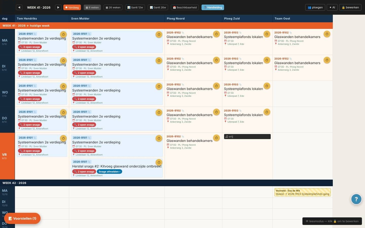 Het planbord: per week en per monteur of ploeg zie je welk project waar loopt