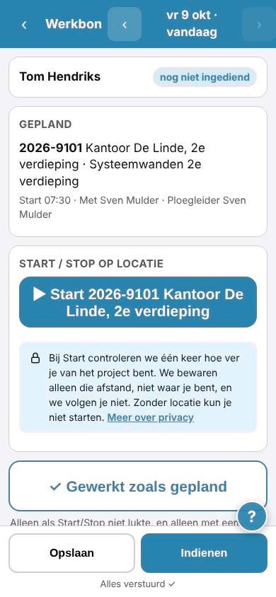 Werkbon op de telefoon: start en stop op de projectlocatie